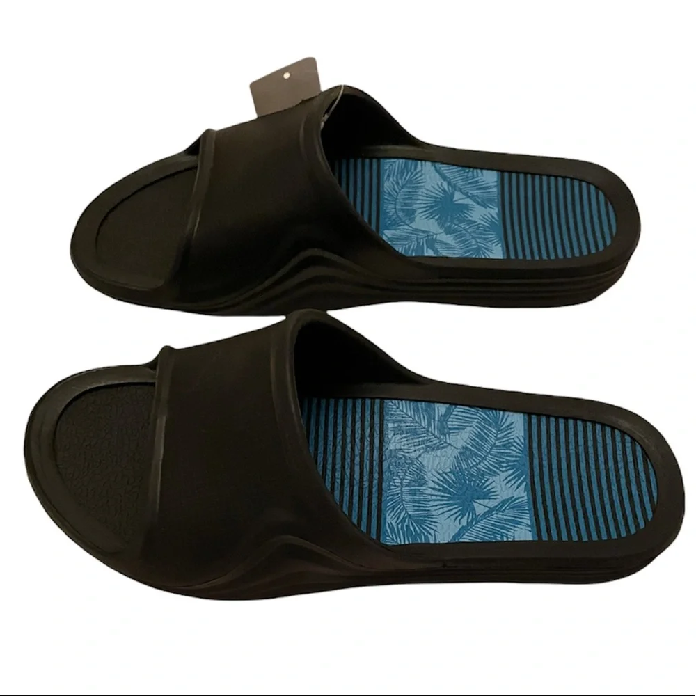 Black Rubber Slip On Sandal Smooth Comfort Cushion Insole Grip Outer Sole Mens 9